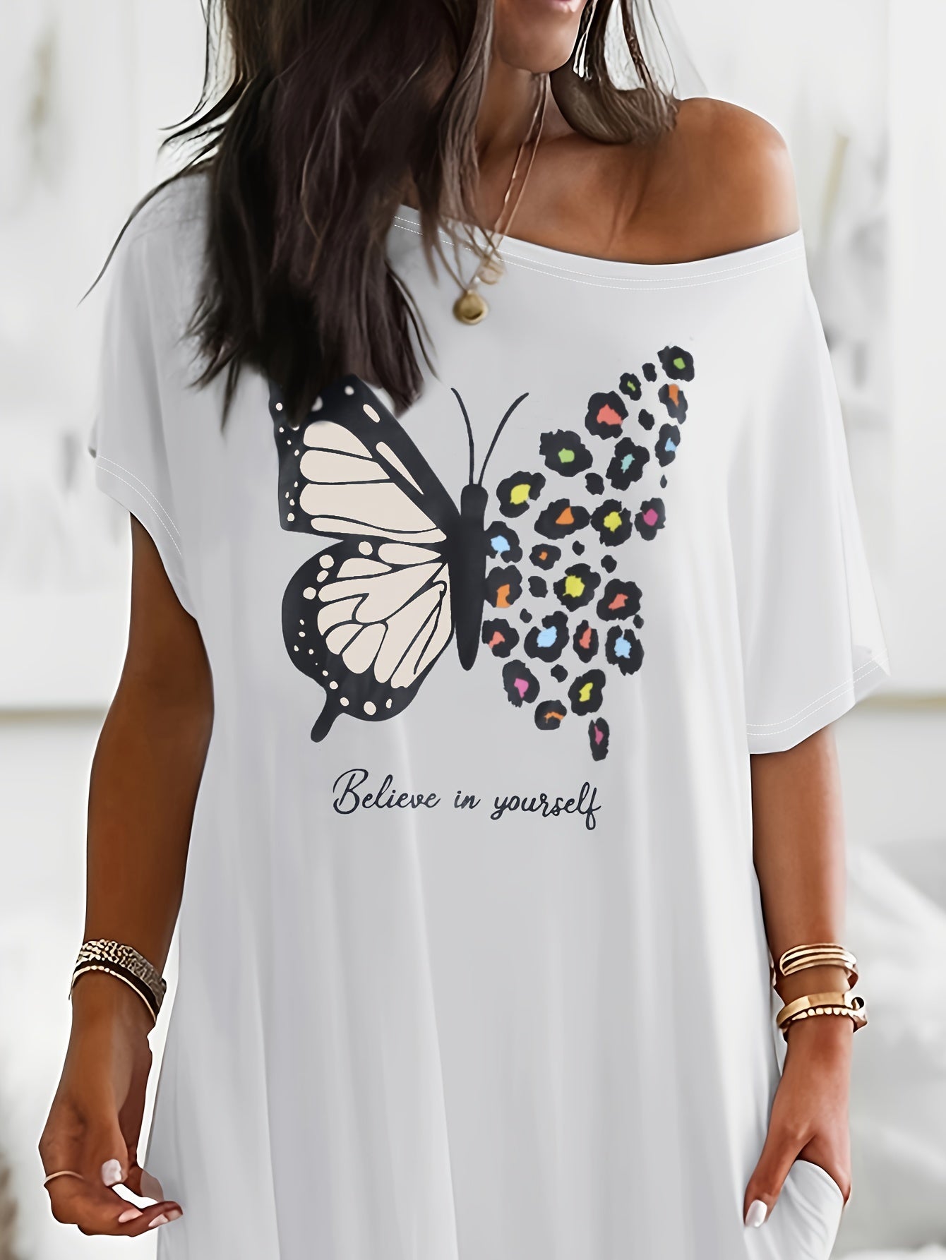 Butterfly Print Lounge Dress for Women Short Sleeve Casual Homewear