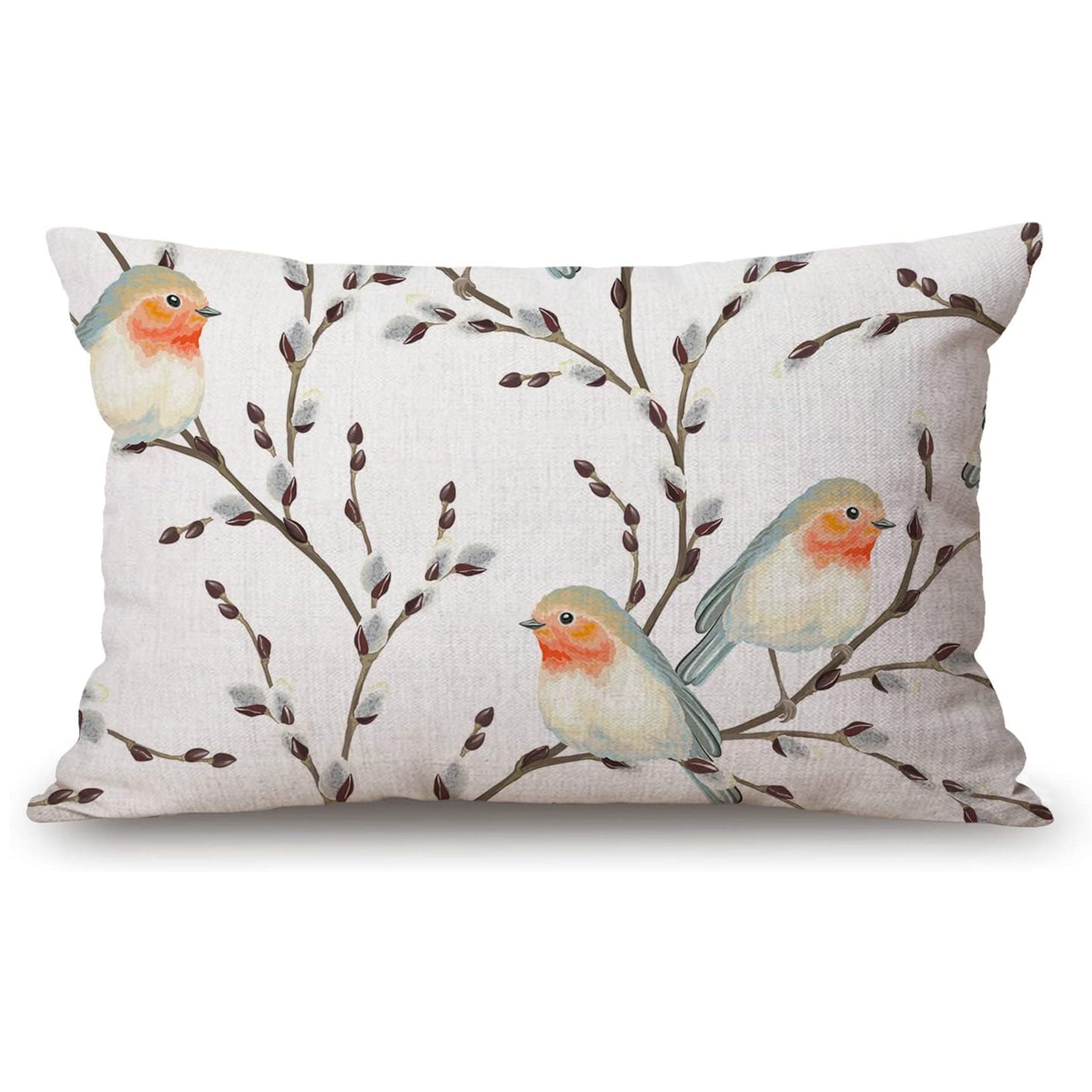 Linen Throw Pillow Cover with Bird Design, Zipper Closure, Machine Washable