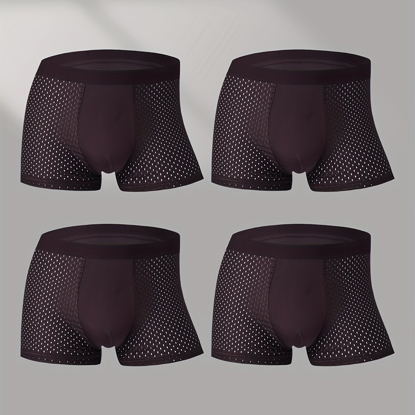Set de 4 bóxers de malla transpirable para hombre, de color sólido semi-translúcido, con alto contenido de elastano en poliéster