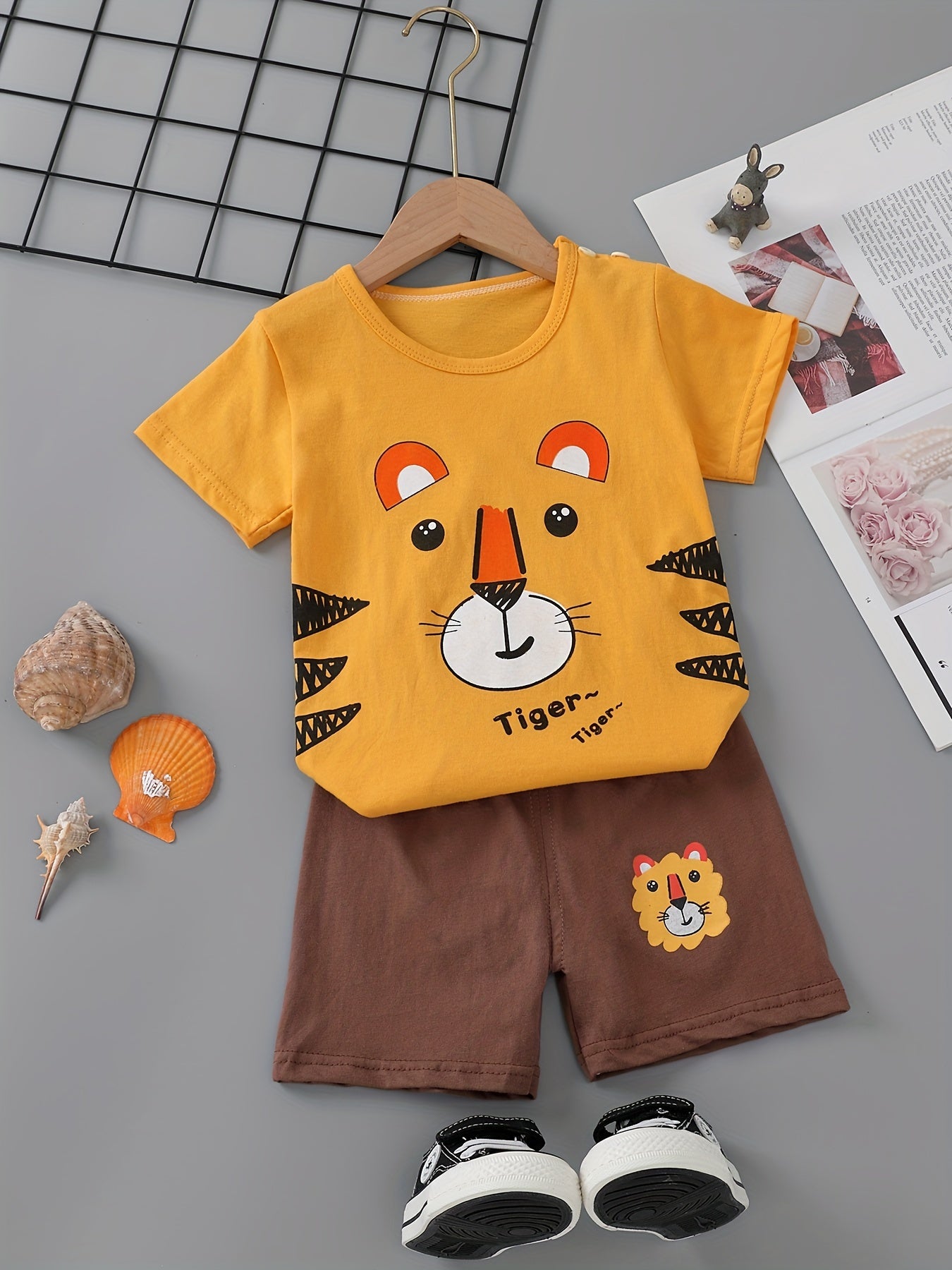 Boys Cotton Tiger Print T-Shirt and Shorts Set for Summer Outdoor Indoor Wear