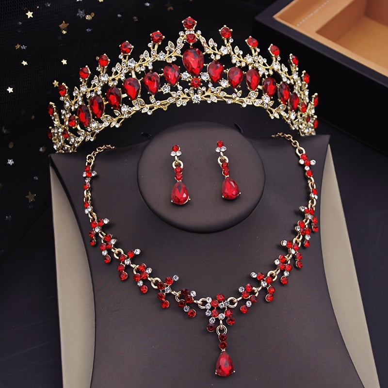 To'ylar uchun Bridal Rhinestone Crown Jewelry Set Tiara Necklace Earrings
