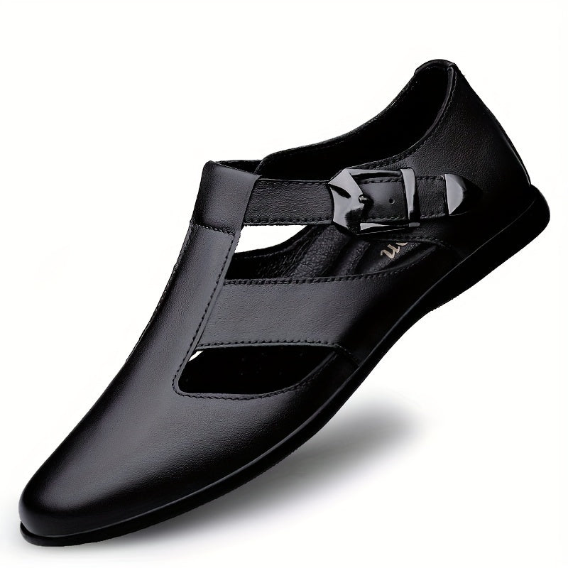 Men's Breathable Leather Sandals with Adjustable Buckle and Soft Rubber Sole for Casual Summer and Fall Wear in Black