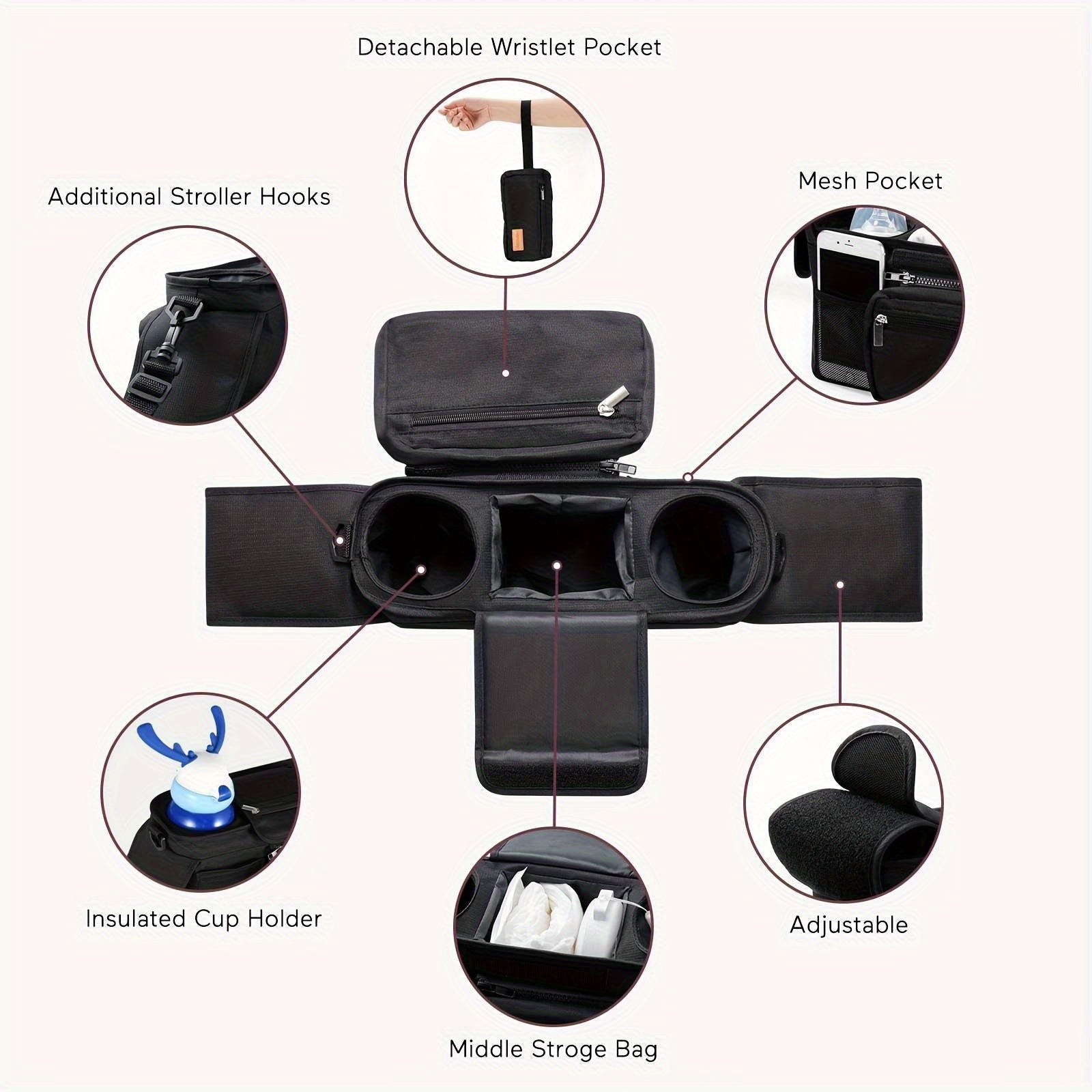 Organizador multifuncional para cochecito con portavasos aislado, bolsillo para teléfono y correa para el hombro
