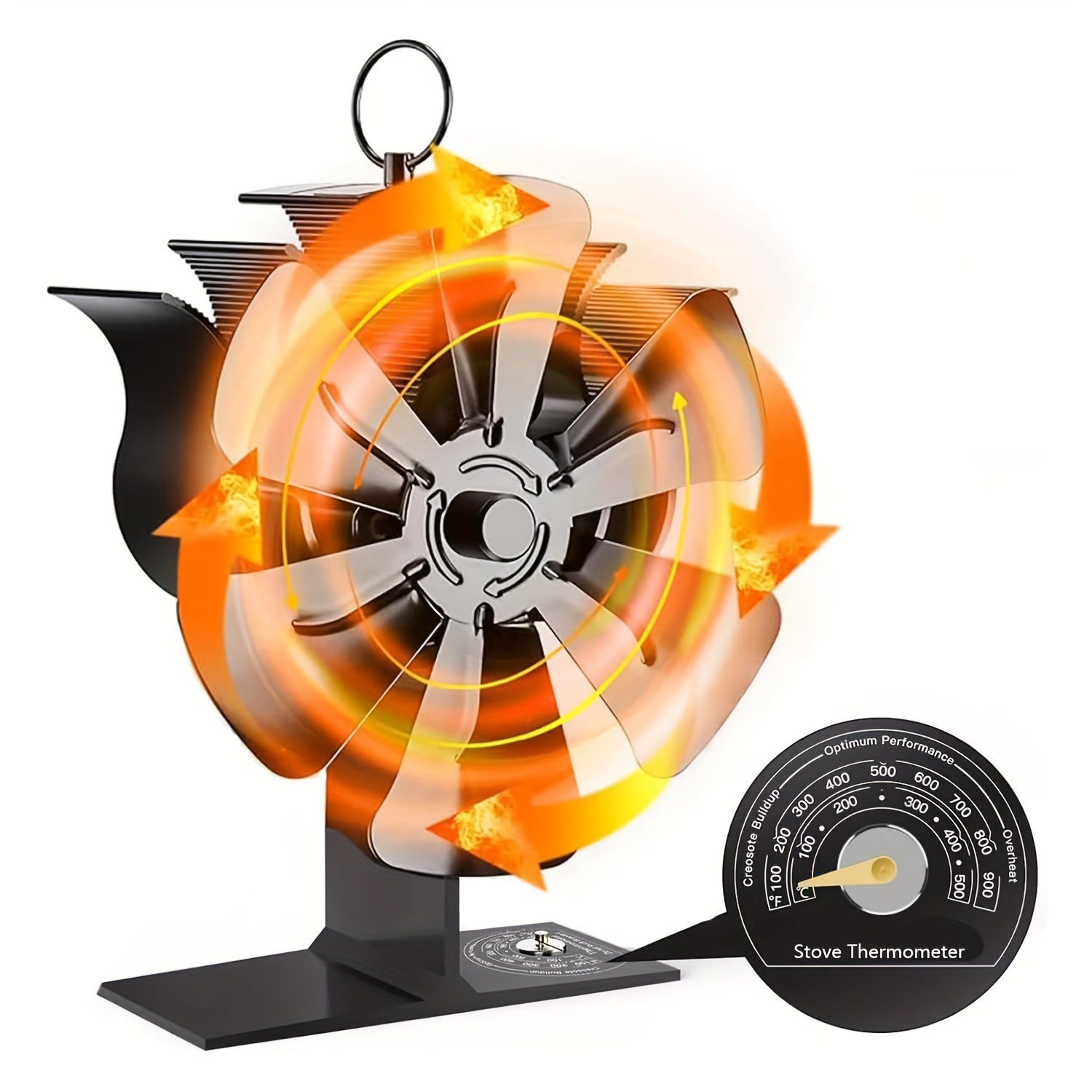 Алюминиевый 8-лопастной вентилятор для каминной печи с термометром и высокоскоростной полированной отделкой - не требует электричества, бесшумная работа, идеально подходит для дровяных каминов и печей зимой, не подходит для печей из талькохлорита/пеллет.