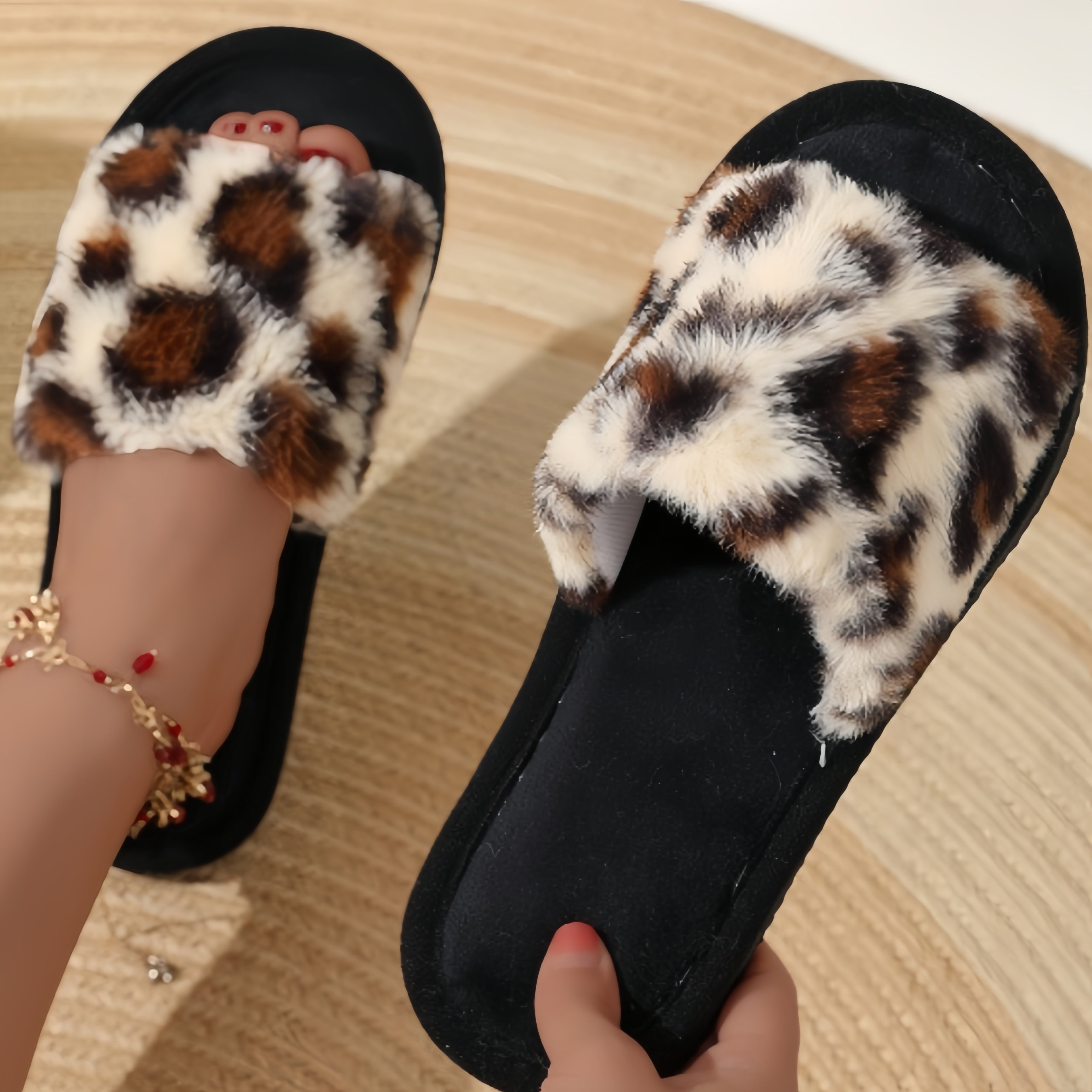 Women's Leopard Print Fuzzy Open-Toe Slippers Plush Warm House Shoes