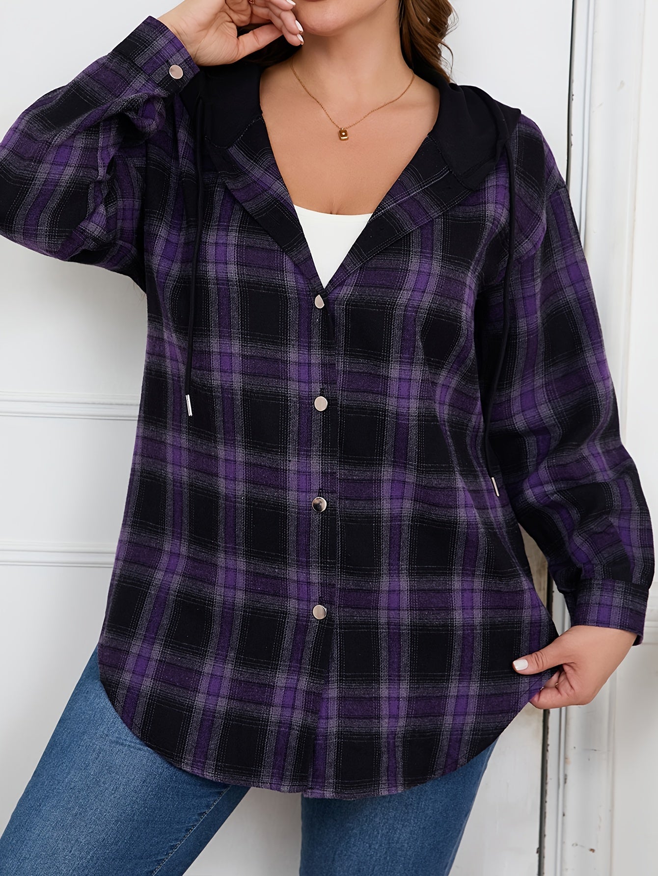 Plus Size Womens Casual Plaid Hooded Shirt Long Sleeve Button Top