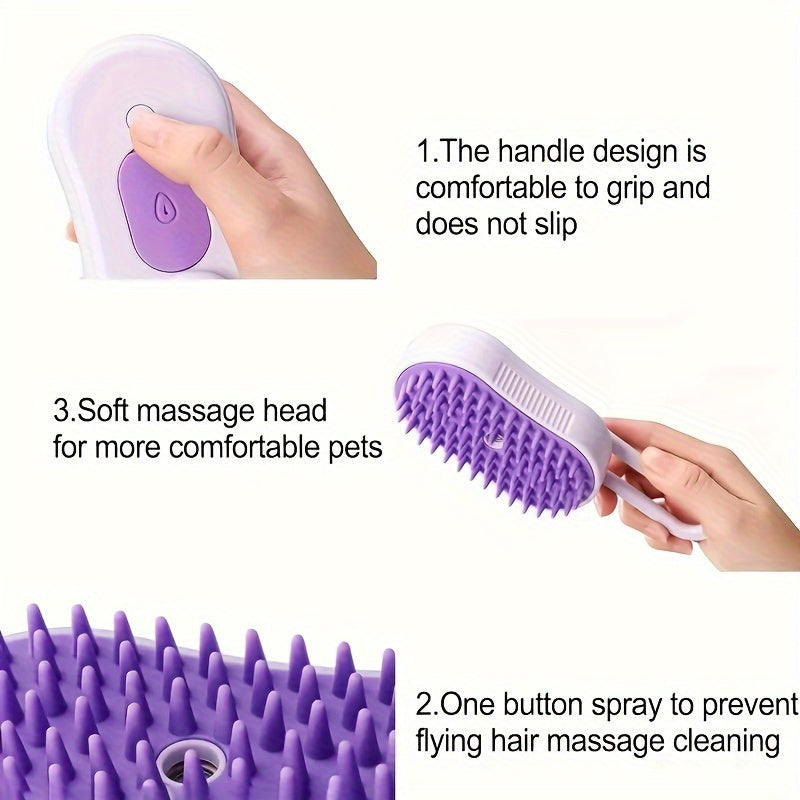 USB Rechargeable Steam Pet Grooming Brush with Silicone Bristles for Long and Short Hair