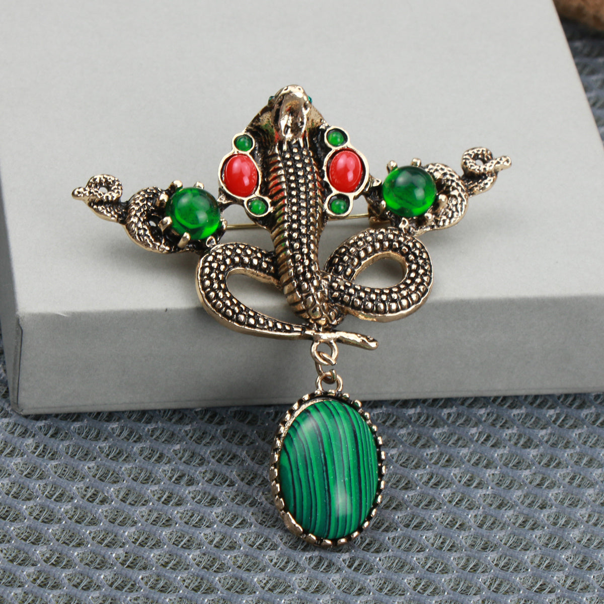 Snake Brooch with Green Enamel and Rhinestones Animal Python Jewelry Accessory