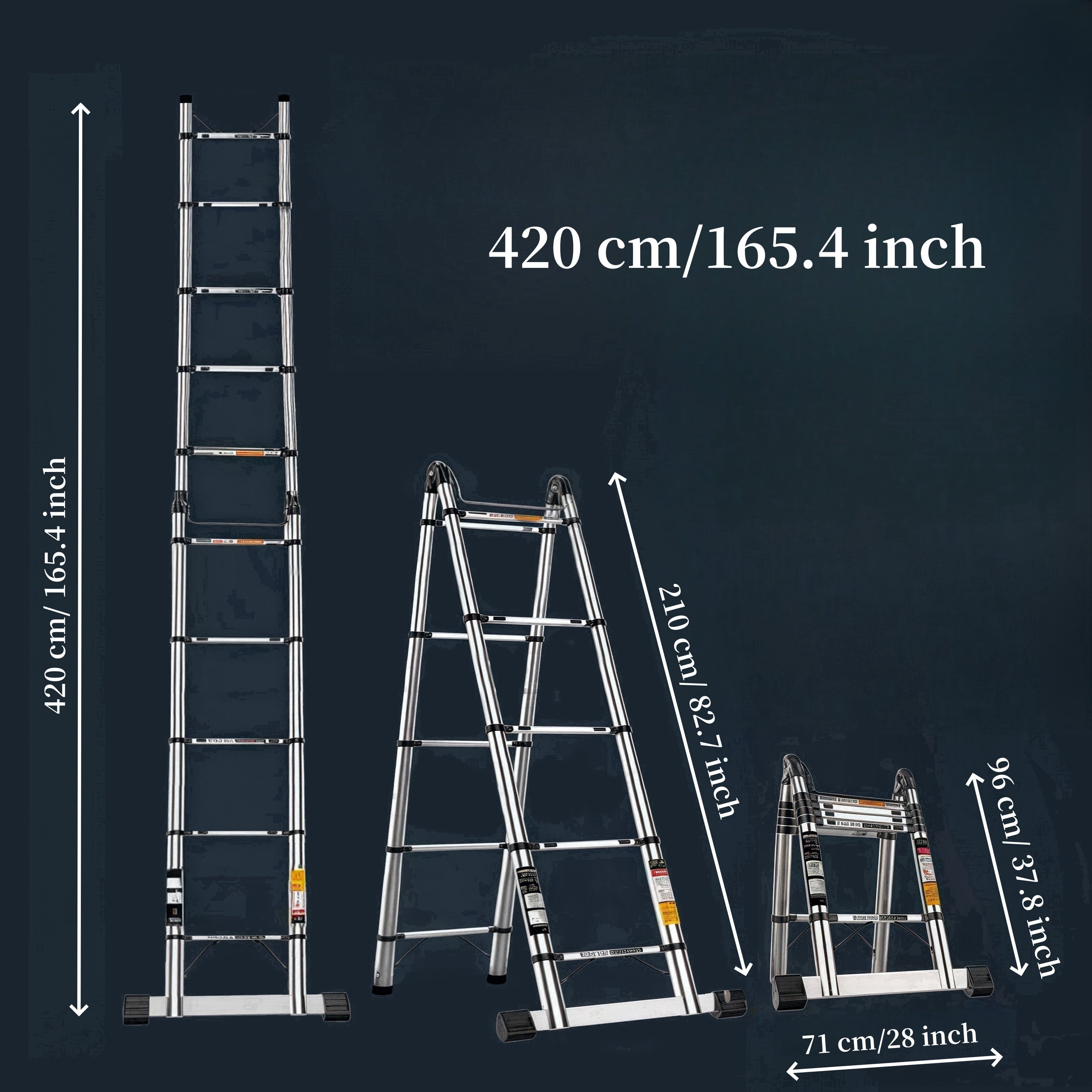 Mustahkam zanglamas po'latdan yasalgan egiluvchan zinapoya, muvozanat barasi bilan, 149.69KG yuk ko'tarish qobiliyati. Tashqi va ichki foydalanish uchun juda yaxshi.