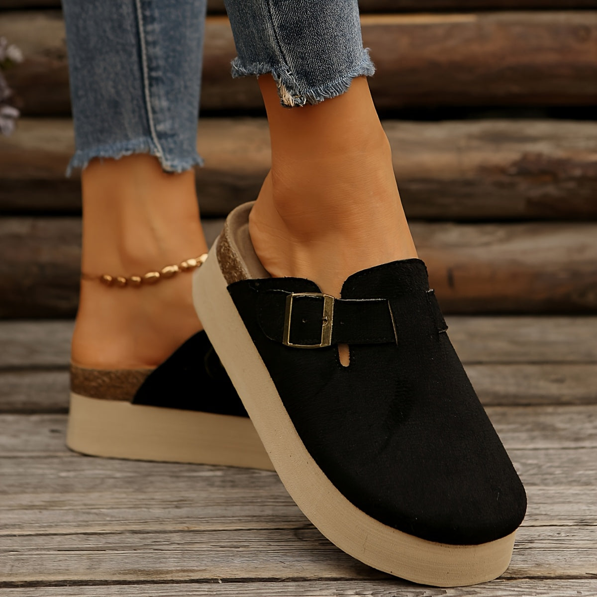 Женские повседневные мюли с толстой подошвой в черном цвете, стильная обувь для комфорта