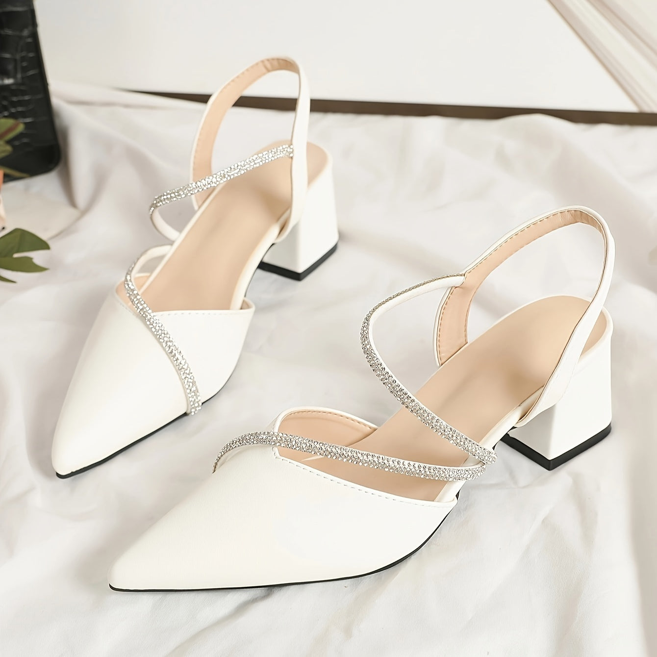 Women's Chunky Heel Sandals with Pointed Toe Rhinestone Accents Faux Leather All-Season