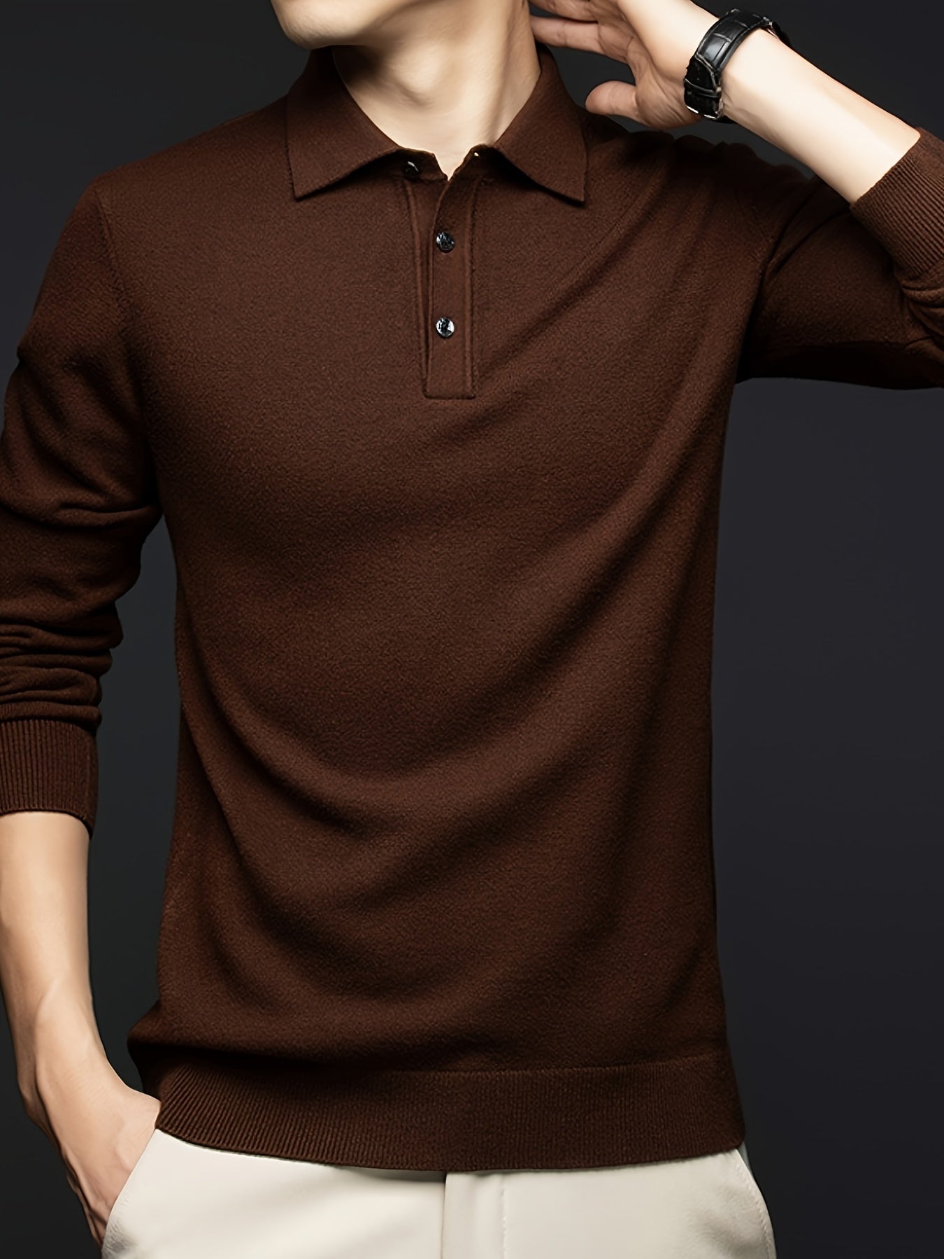 Suéter para hombre de mezcla de lana negra con detalle de botones para otoño e invierno, casual, golf