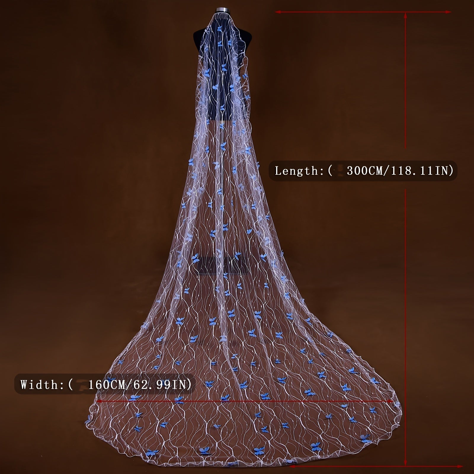 Wedding Veil with Butterfly Embroidery Cathedral Length Nylon Single Tier Bridal Accessory