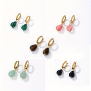 Gold-Plated Water Drop Earrings with Natural Stone, Vintage Stainless Steel Hoop Jewelry, 1 Pair