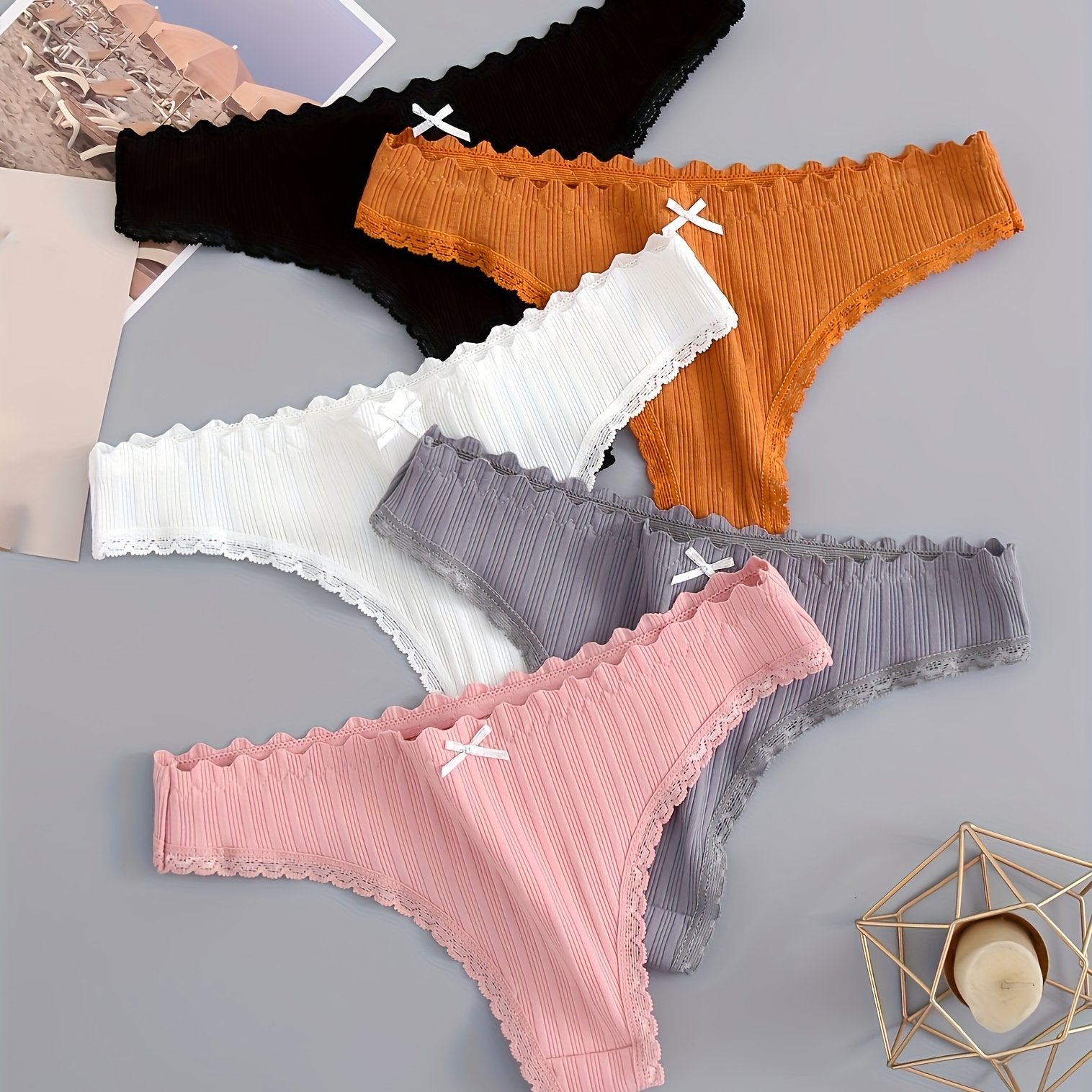 Women's Floral Lace Trim Thongs Low Waist Panties with Scallop Edge Set