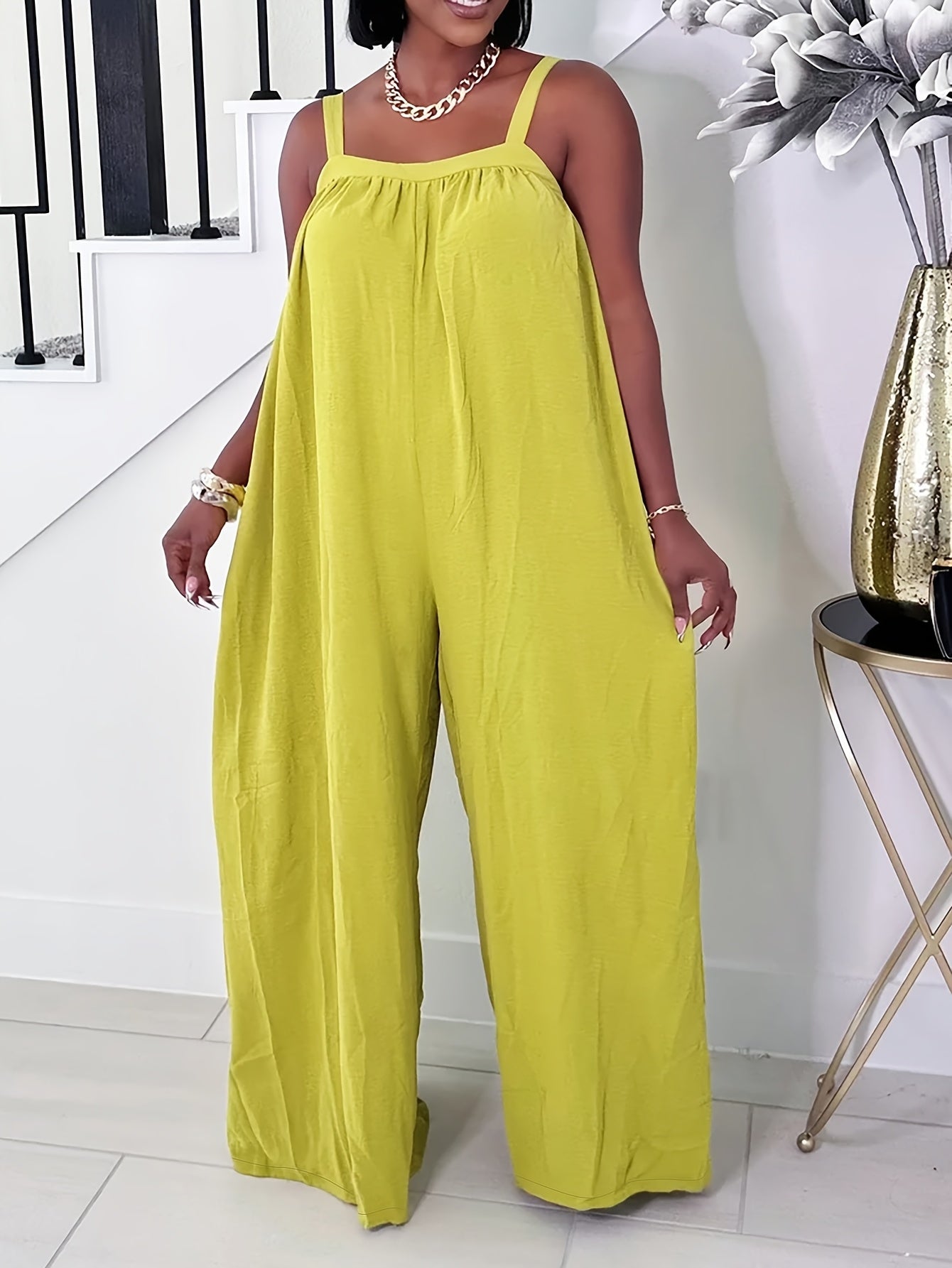 Plus Size Women's Sleeveless Off-Shoulder Jumpsuit Lime Green Casual Formal