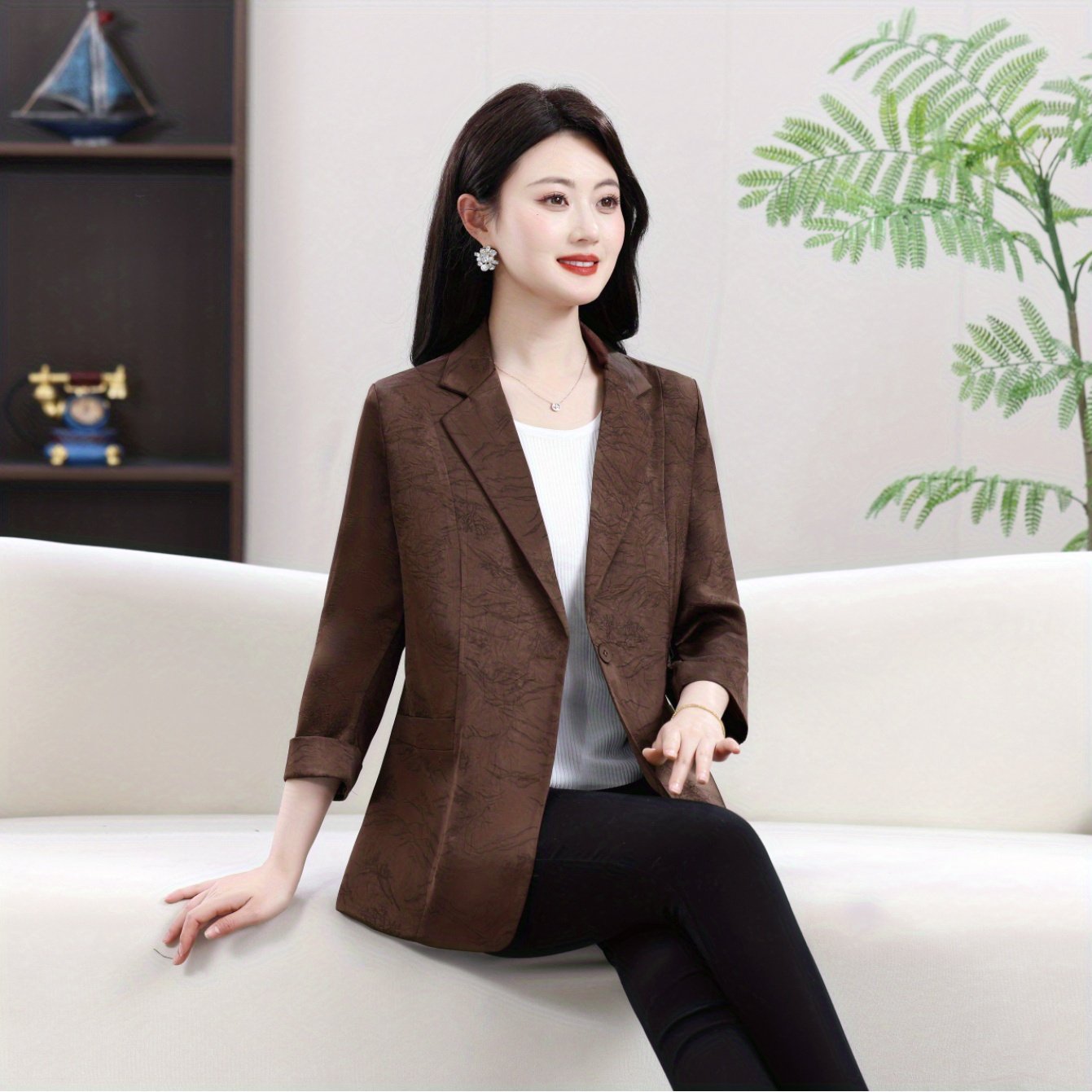 Plus Size Women's Suit Jacket Three-Quarter Sleeve Spring Autumn Caramel Khaki Coffee