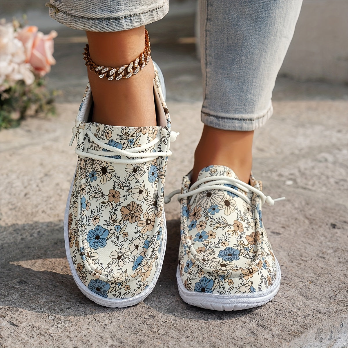Women's Floral Print Loafers Slip-On Mules with Elastic Laces EVA Sole