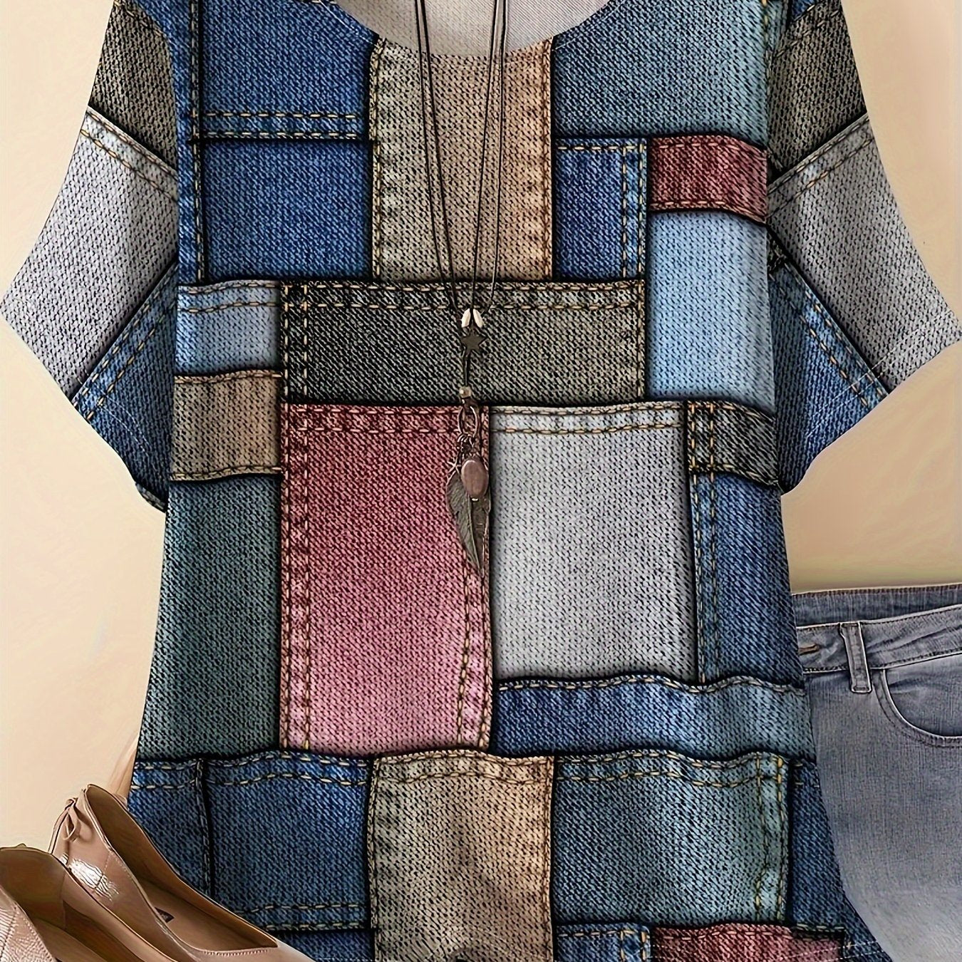 Women's Patchwork Print T-Shirt Polyester Blend Scoop Neck Short Sleeve Casual