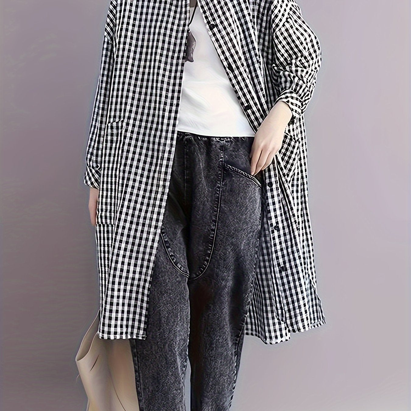 Женская рубашка большого размера с длинными рукавами, в клетку, с карманами и лацканом