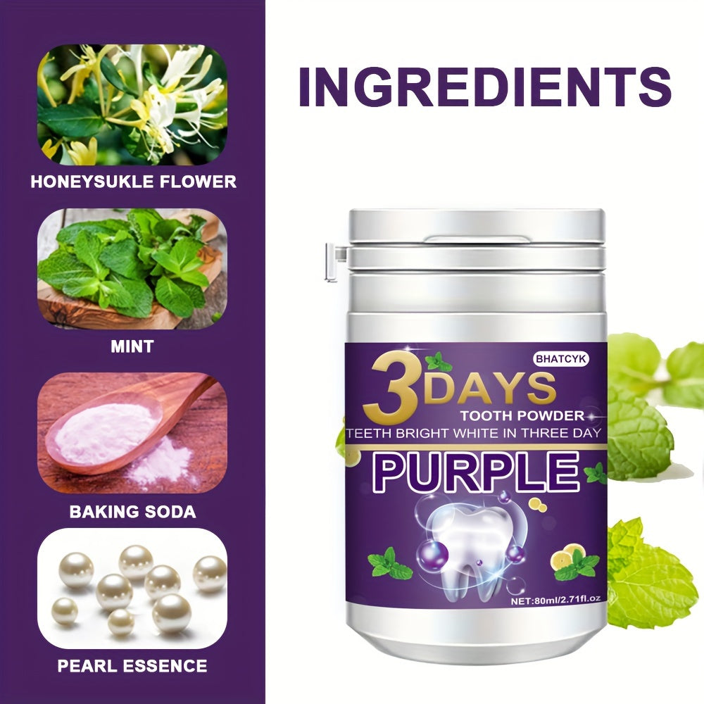 Purple Teeth Whitening Powder 80ml with Fresh Mint Flavor for Daily Use and Travel