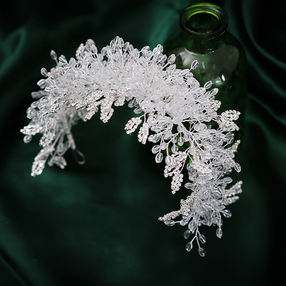 Bridal Wedding Hair Accessory Crown with White Crystals Beads Rhinestones