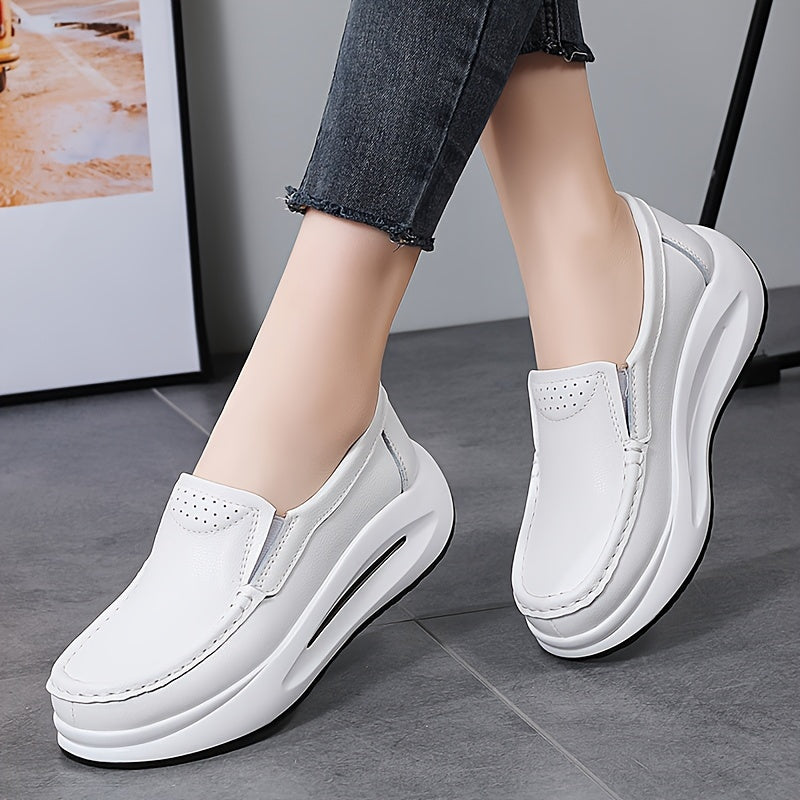 Women's Slip-On Loafers White Chunky Wedges Casual Platform Shoes