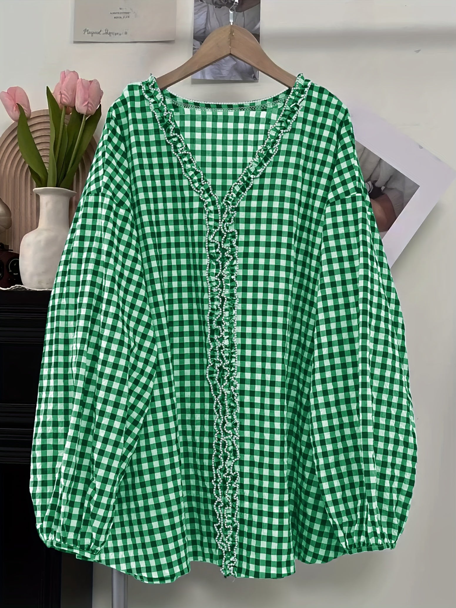 Plus Size Women's Loose Checkered Wood Ear Flap Shirt