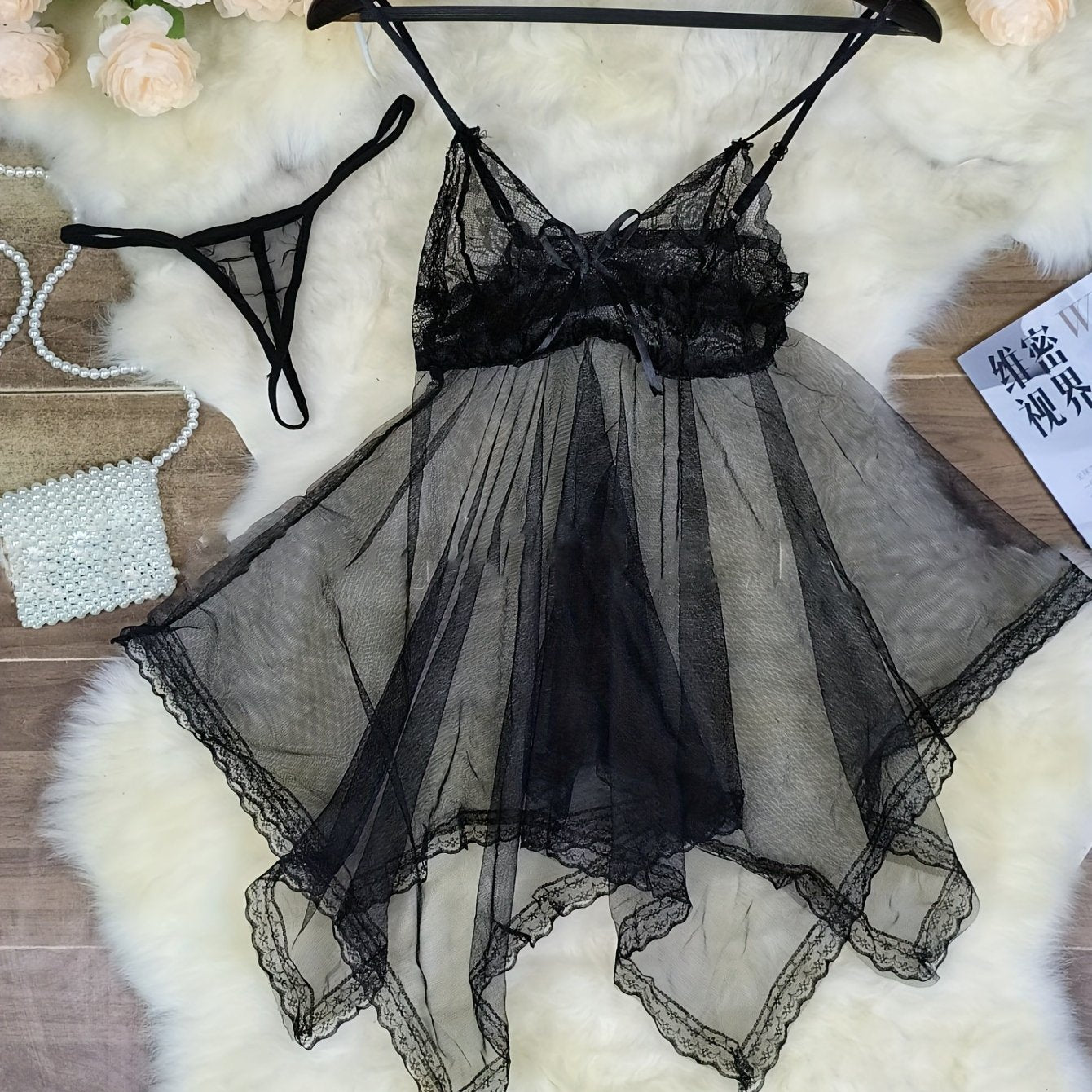 Deep V Sheer Lace Velvet Nightgown with T-Pants for Women