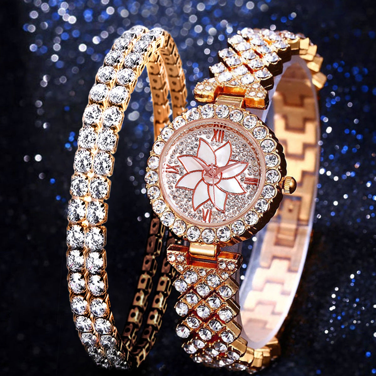 Women's Wrist Watches Set with Rhinestones and Stainless Steel Bands