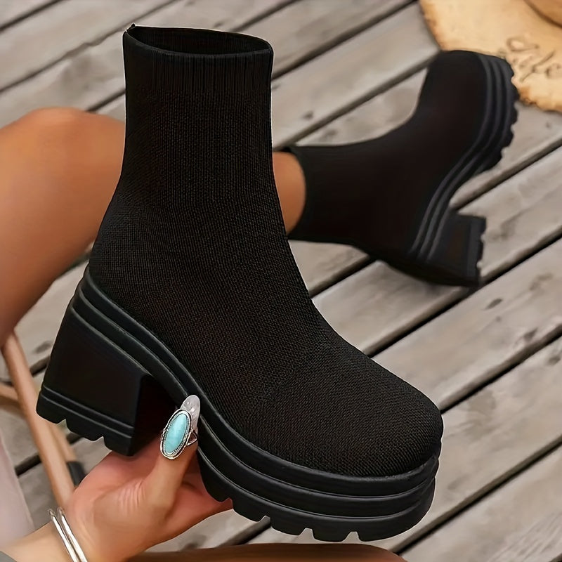 Women’s Chunky Platform Ankle Boots Black Faux Cover Slip-On High Heel