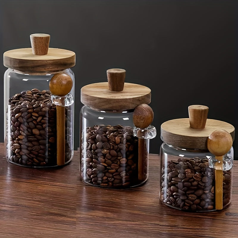 Glass Storage Jar with Acacia Wood Lid and Spoon for Kitchen Food Spices Nuts Candy Airtight Container