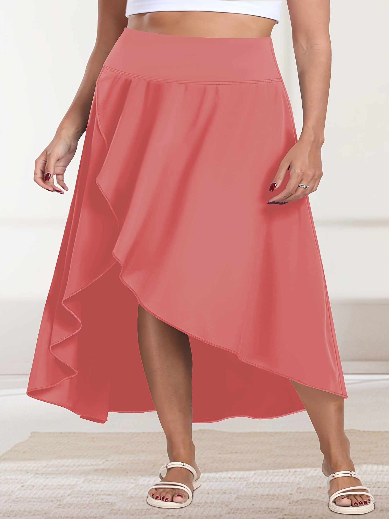 Plus Size Women's Midi Skirt Quick-Dry Satin Side Pockets Slit
