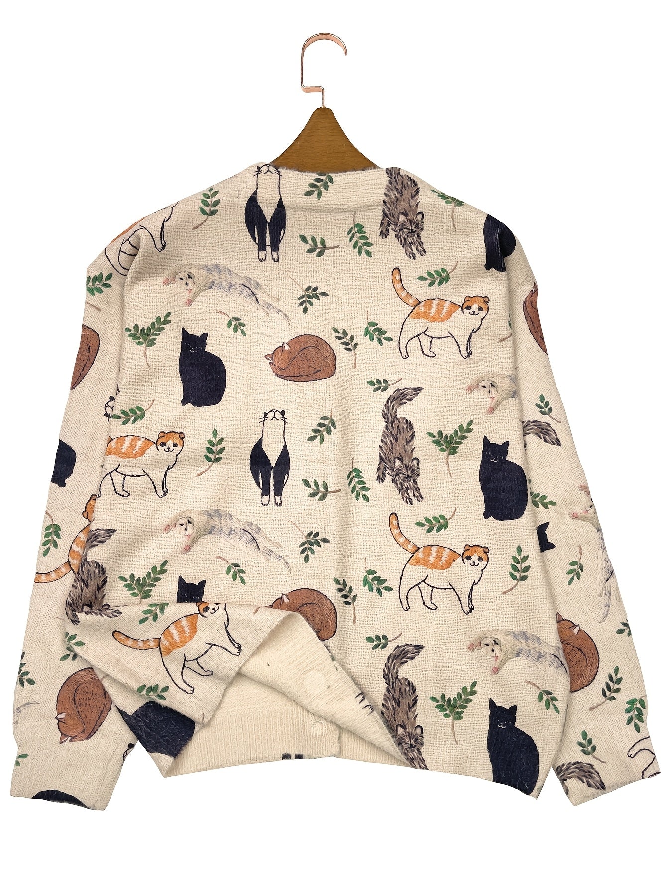 Suéter de punto para mujer talla grande con cuello en V, manga larga y estampado de gato