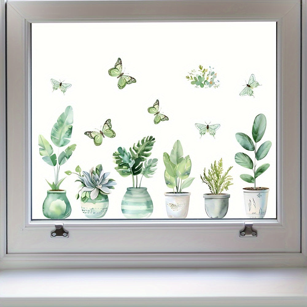 Fresh Green Potted Plant Decal for Glass Doors Windows Home Decor