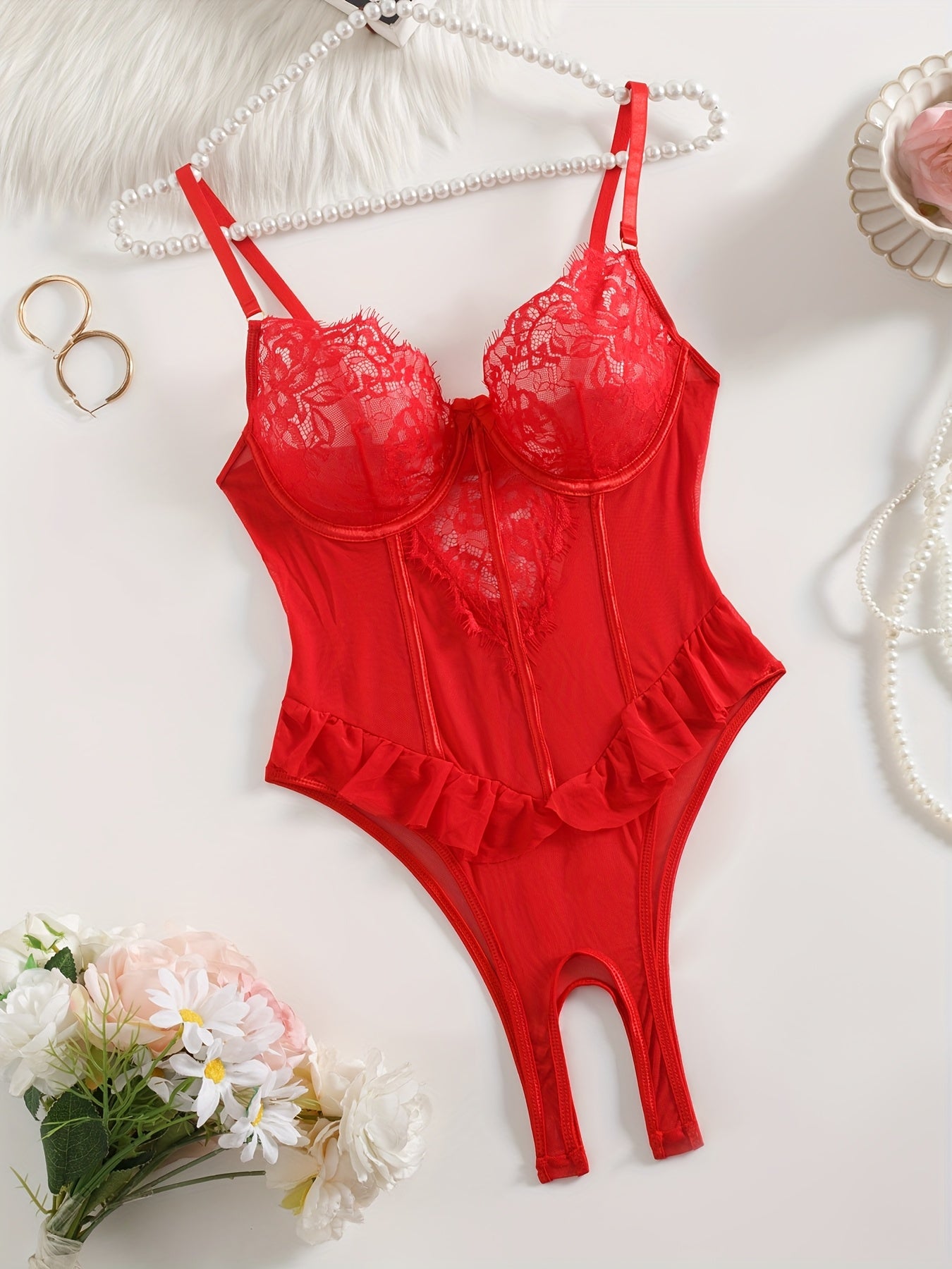 Red Lace Velvet Teddy with Ruffled Details Underwire Support High Cut Backless