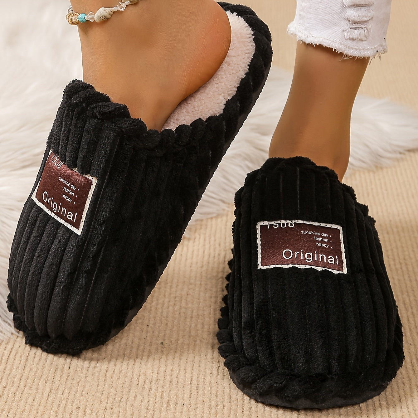 Uniseks korduroy paxta bilan qoplangan yopiladigan shippaklar, antiskid taglik bilan, ichki uy poyabzali uchun ayollar va erkaklar