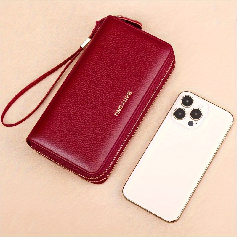 Women's Genuine Leather Wallet with Wristlet Burgundy Large Capacity Double Zip RFID Blocking