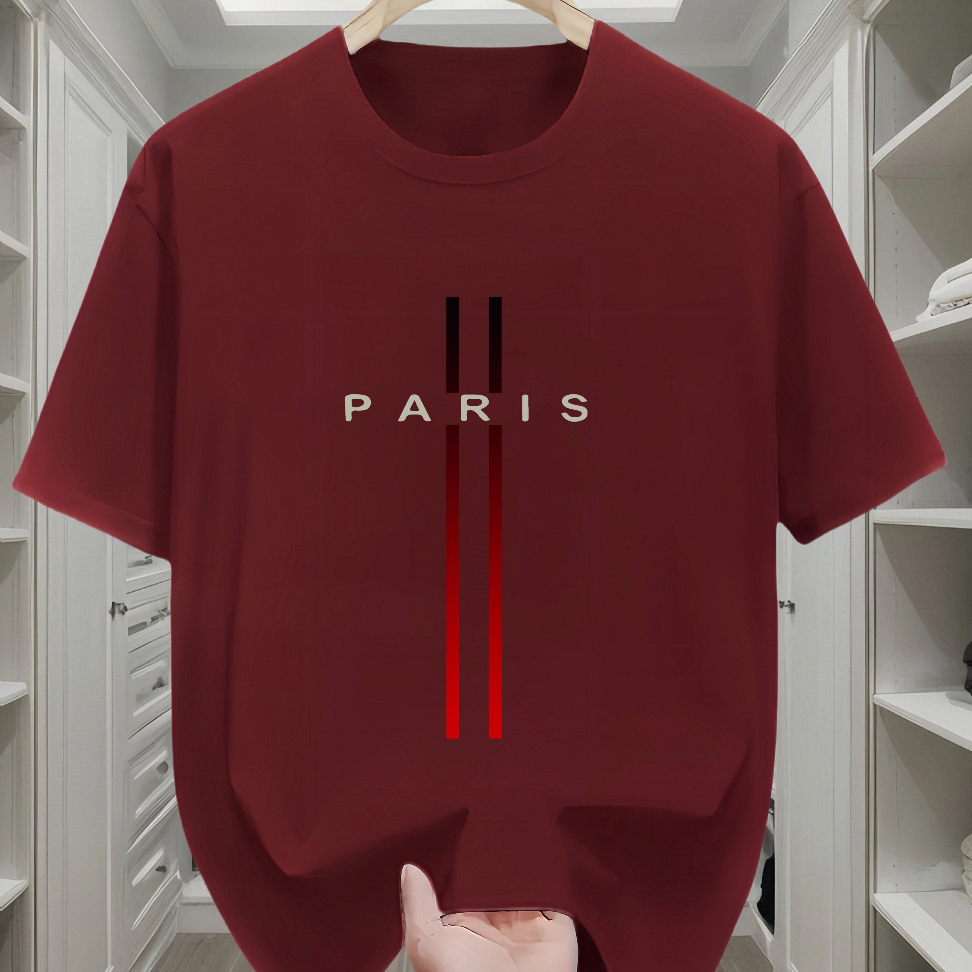 Erkaklar uchun 100% paxta T-ko'ylagi, Parij bayrog'i dizayni, yumshoq bo'yin, qisqa yenglar va oddiy kesim.