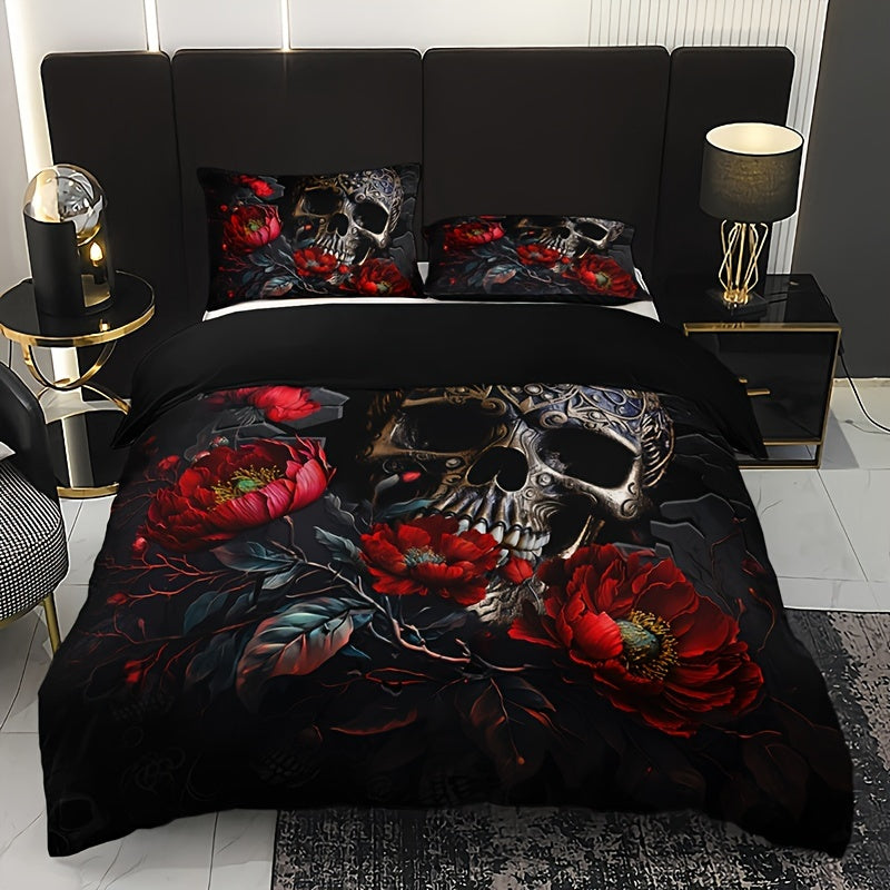 Gothic Skull Floral Duvet Cover Set 3 Pieces Breathable Bedding for Home and Dorm