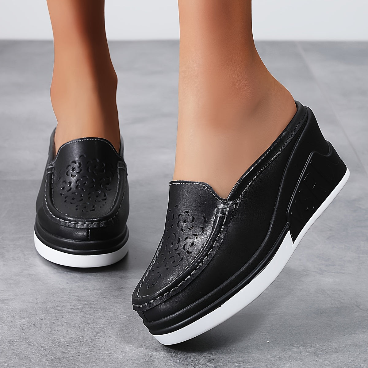 Women's Faux Leather Platform Sandals Slip-On Mules Hollow Out Casual Shoes