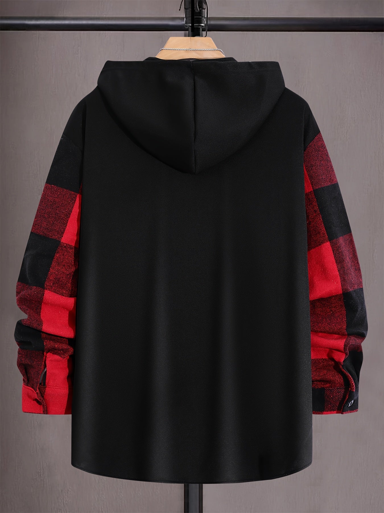 Plus Size Men's Plaid Hooded Shirt Long Sleeve Button-Up Polyester Blend Casual