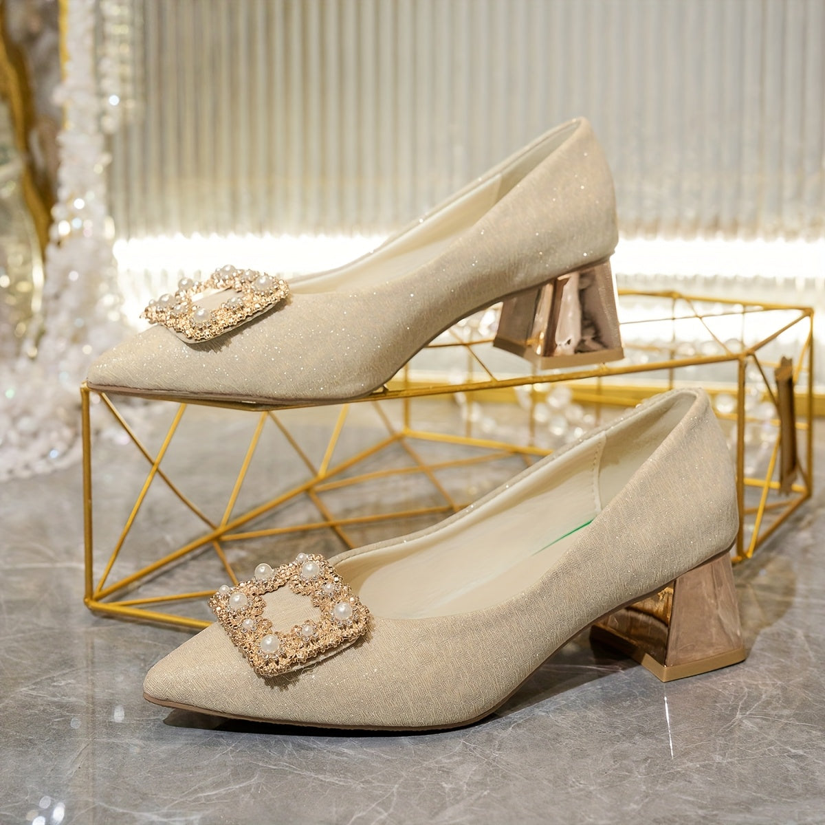Women’s Elegant Pointed Toe Pumps with Pearl Sequin Embellishments