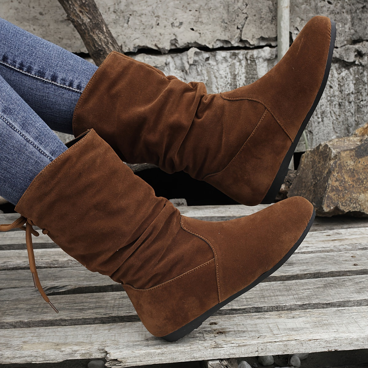 Women's Lace-Up Flat Boots with Round Toe Non-Slip Rubber Sole Solid Color