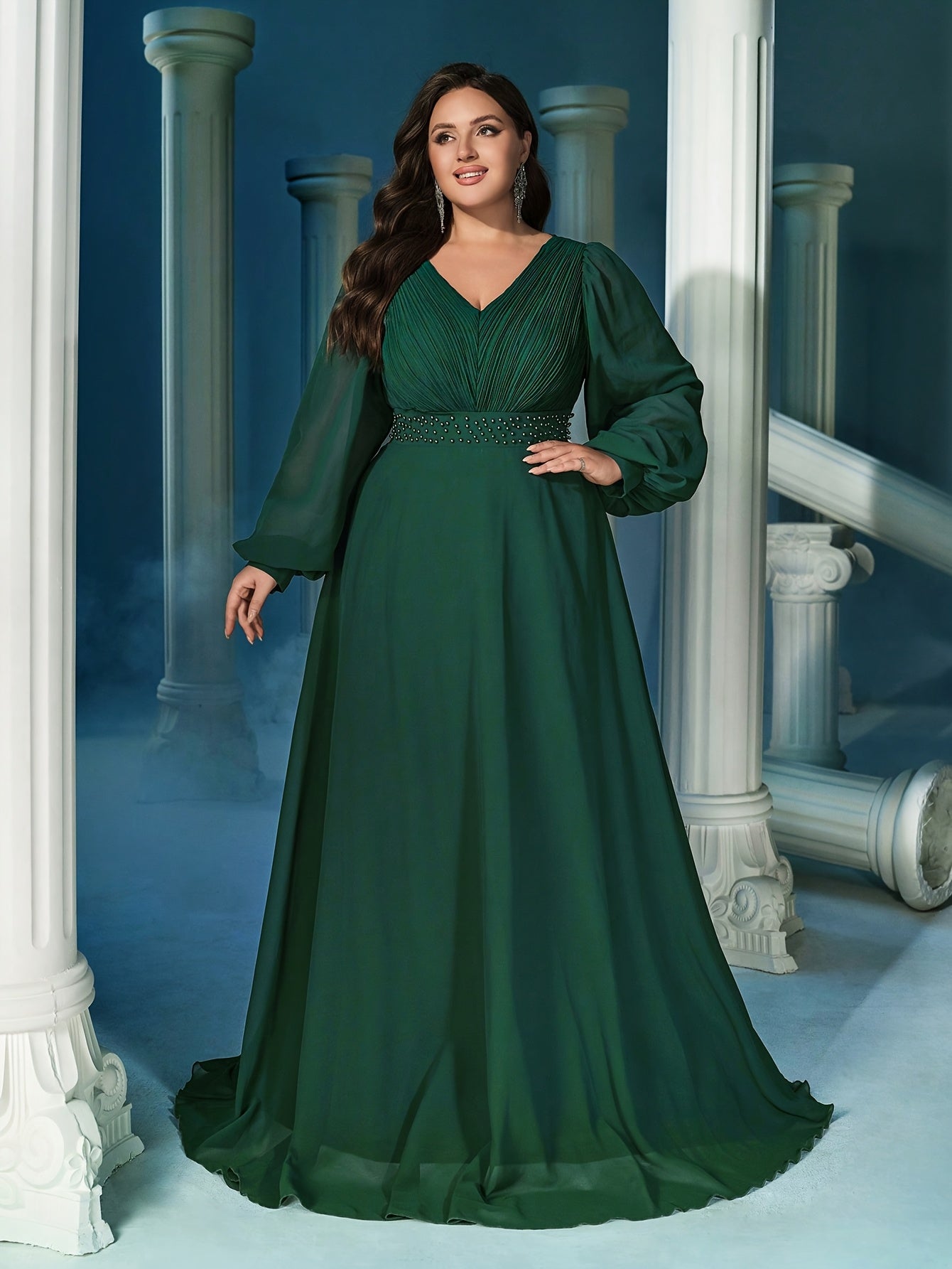 Women Emerald Green Rhinestone V-Neck Lantern Sleeve Evening Gown