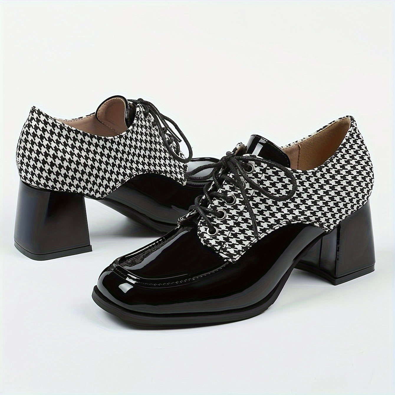 Ayollar uchun xoundstooth kiyingan poyabzal, kvadrat barmoqli, qalin tagli, bog‘lamli oxfords