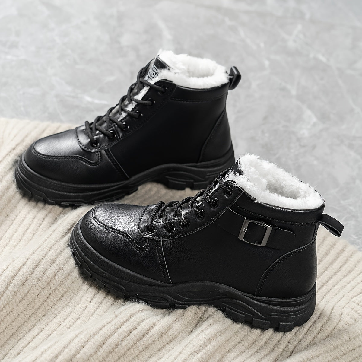 Women's Cozy Lined Ankle Boots Black Beige White High-Top Sneakers Rubber Soles