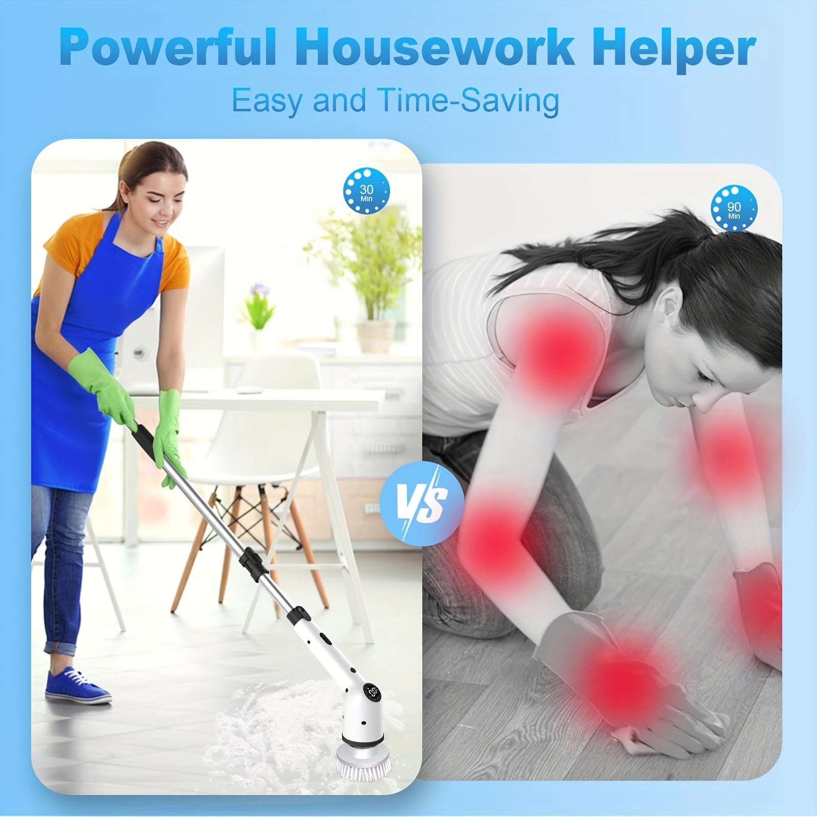 Rotating Electric Cleaning Brush with 8 Brush Heads, Battery Indicator, for Kitchen, Car, Tile, Floor