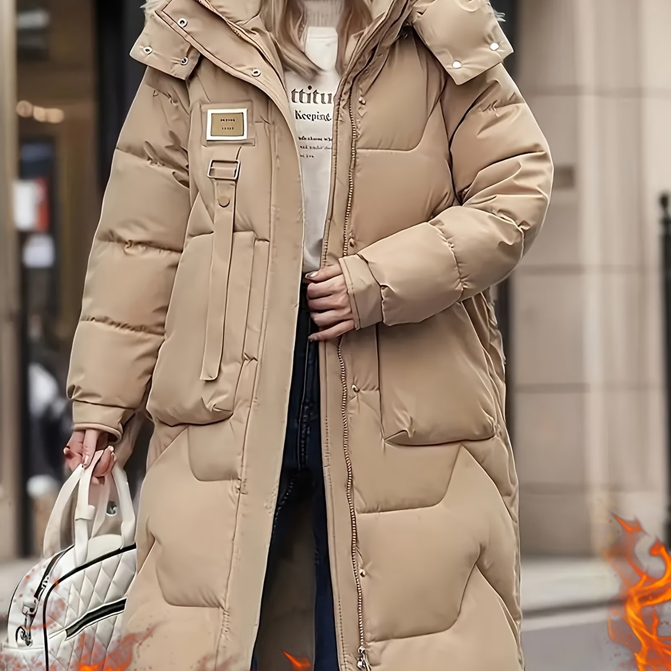 Women's Black Mid-Length Quilted Parka with Detachable Hood for Winter