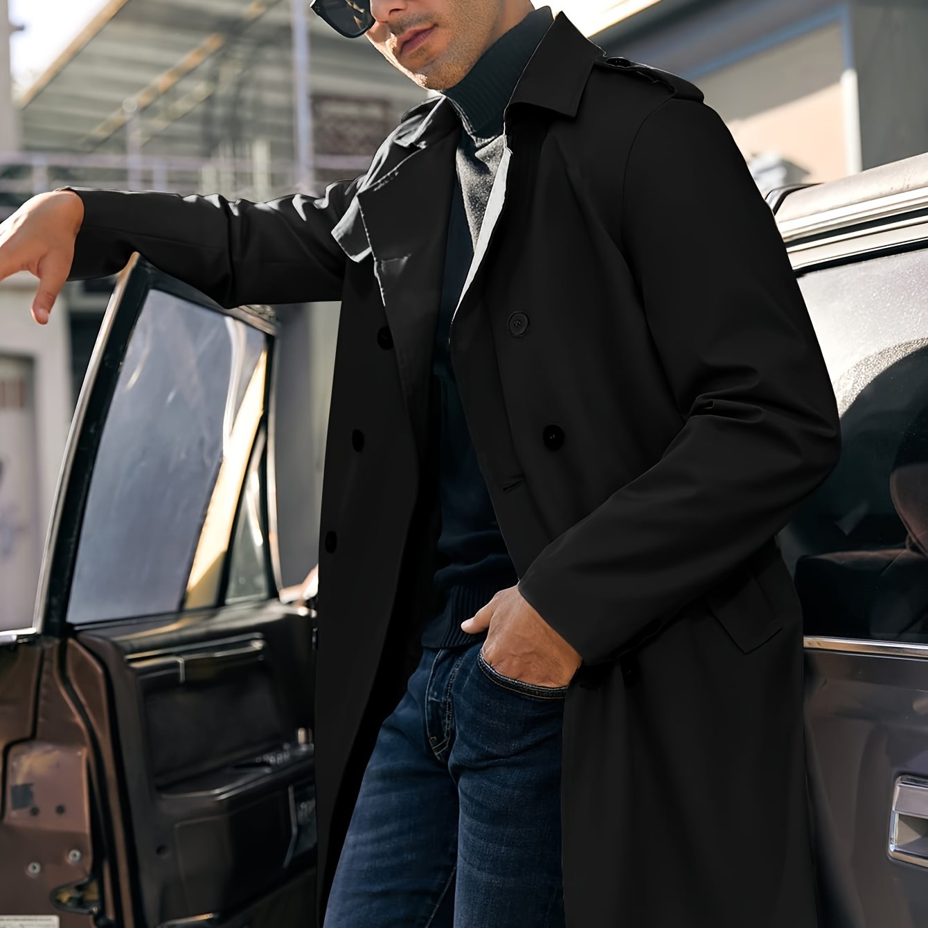 Erkaklar uchun Plus o'lchamli trenc coat, kundalik, bir rangli, kuz bahor, ikki tomonlama yengli, yelkanli